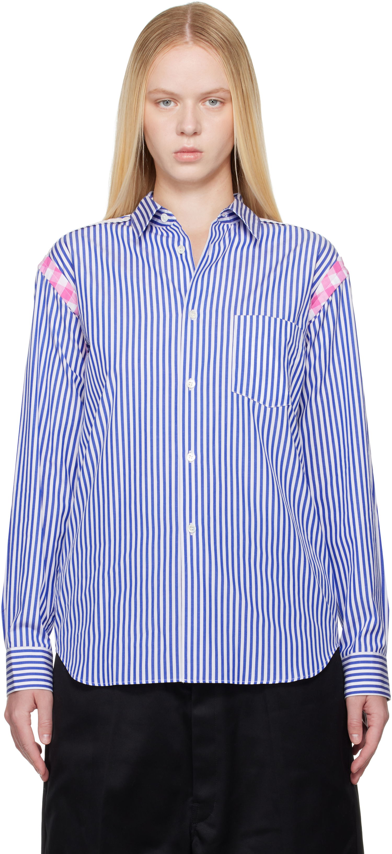 Košeľa Comme des Garçons Comme des Garçons Striped Gingham Trim Shirt Modrá | FO-B020-S25, 0