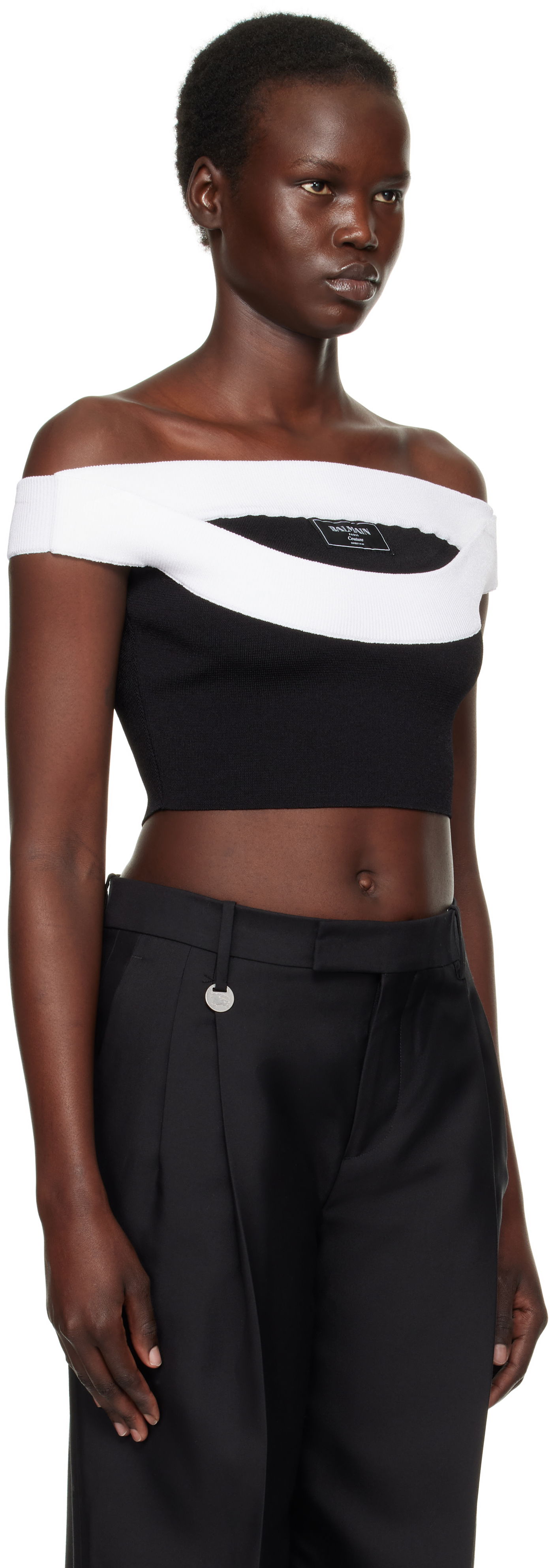 Sveter Balmain Balmain Two-Tone Knit Cropped Top Čierna | EF1AA375KH82, 1