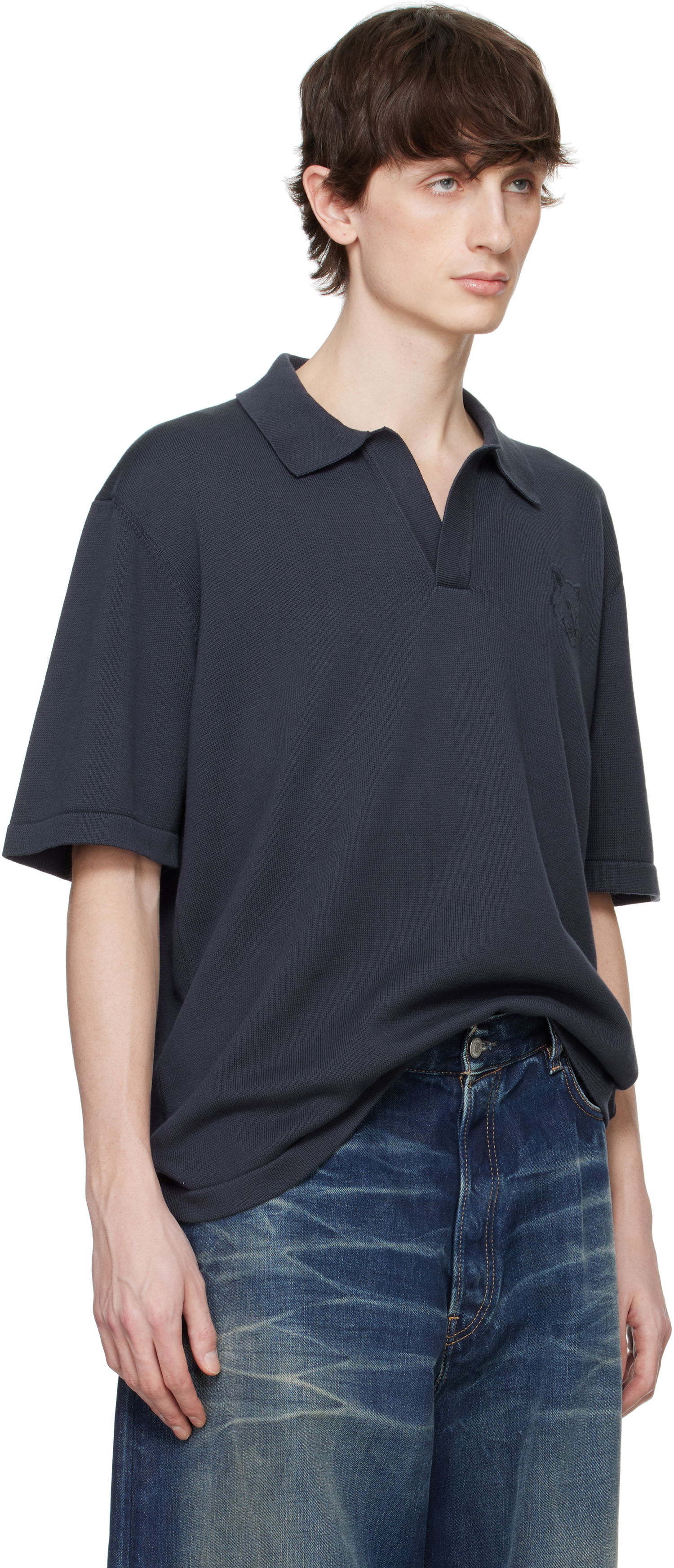 Polo tričko MAISON KITSUNÉ Maison Kitsuné Fox Head Embroidered Knitted Polo Navy | OM00205KT1135, 1
