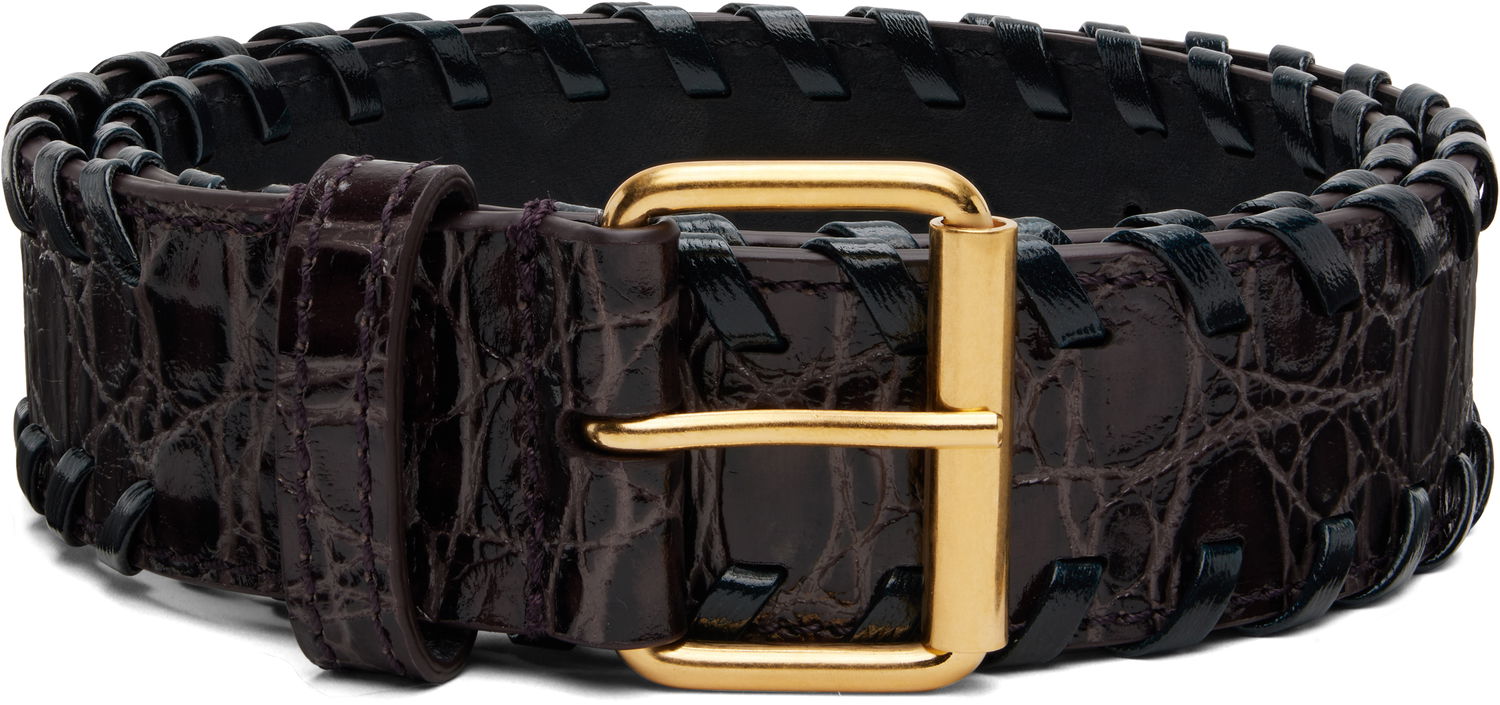 Opasok Dries Van Noten Dries Van Noten Croc-Effect Leather Belt with Braided Edges and Gold-Tone Buckle Hnedá | 252-011403-596, 0