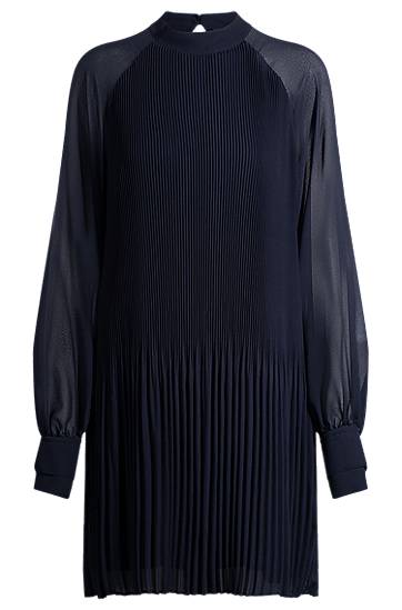 Šaty BOSS Pleated High-Neck Dress with Sheer Sleeves Navy | 50531542, 0