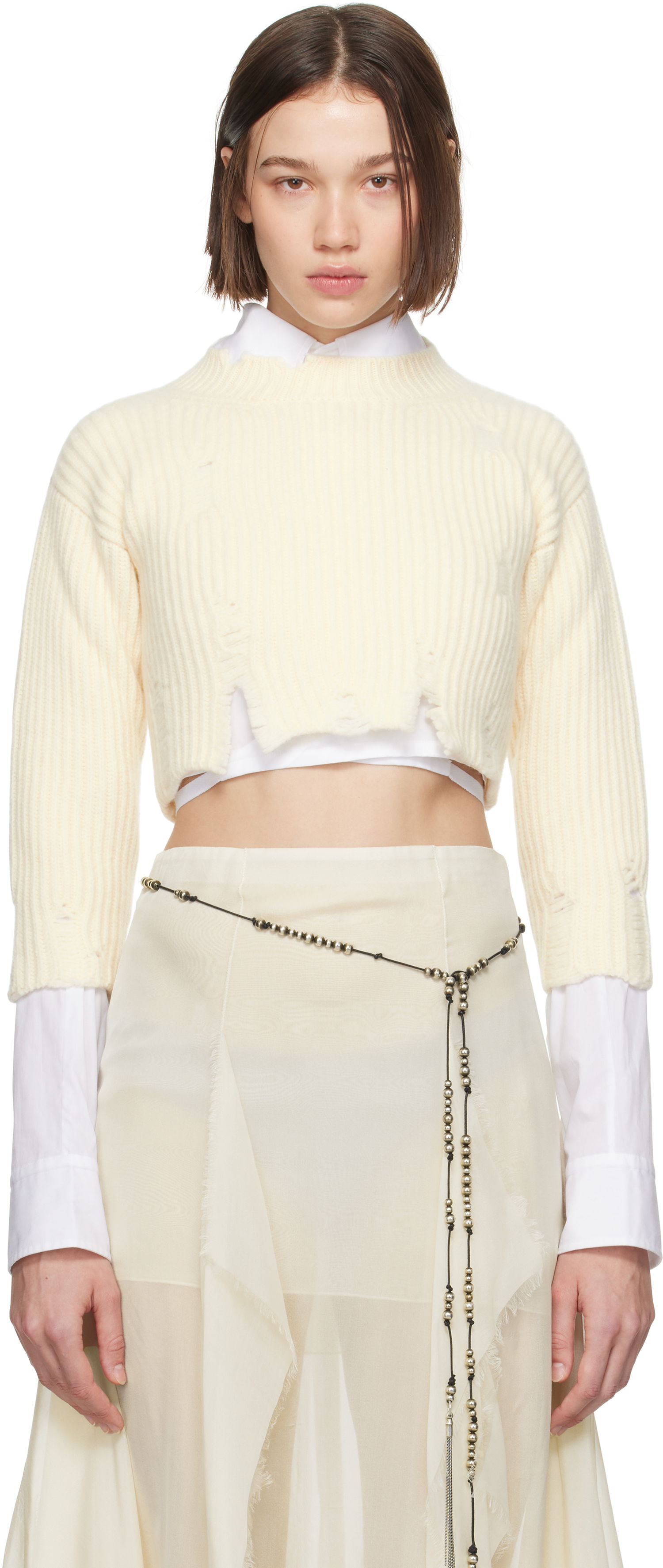 Sveter Ann Demeulemeester Cropped Distressed-Hem Sweater Biela | 2402-W-KN30-KN048-003, 0