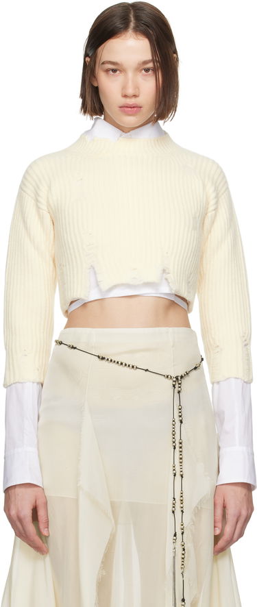 Sveter Ann Demeulemeester Cropped Distressed-Hem Sweater Biela | 2402-W-KN30-KN048-003, 0