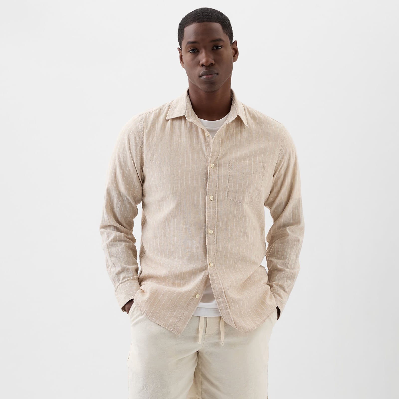 Longsleeve Standard-Fit Linen Shirt Khaki Stripe