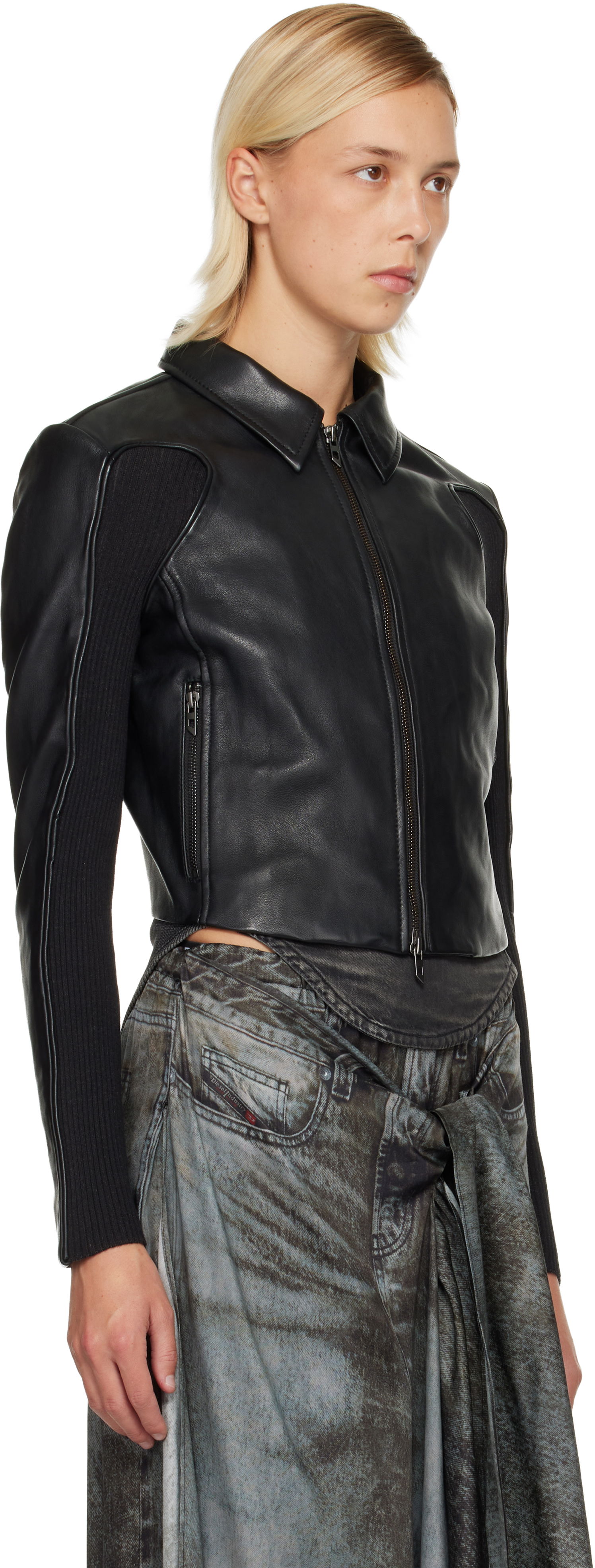 Bunda Diesel Leather Jacket with Ribbed Knit Sleeves Čierna | A15373 0AJIR, 1