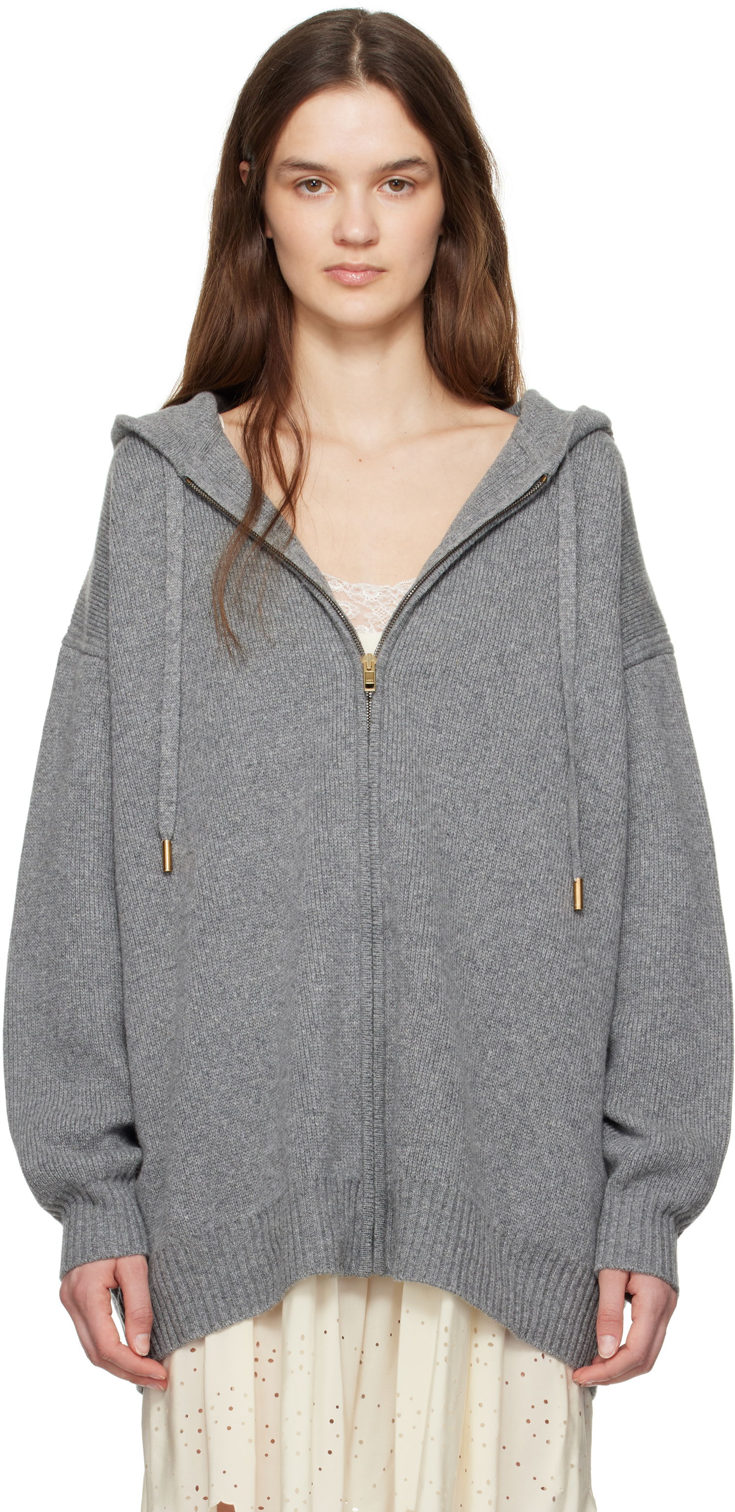 Sveter CHLOÉ Chloé Oversized Knit Zip-Up Hoodie Šedá | CH25SMC05760, 0