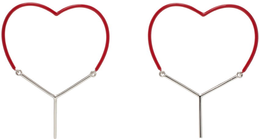 Náušnice Y/PROJECT Red & Silver Mini Y Heart Earrings Červená | 640EA002, 0