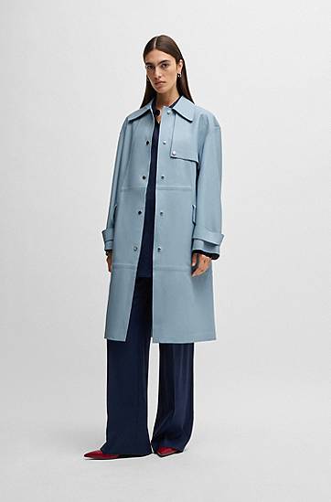 Trenčkot BOSS Leather Trench Coat with Silver-Tone Trims Modrá | 50531308, 1