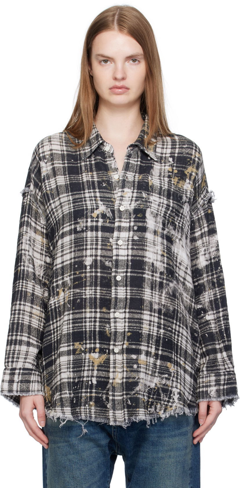Košeľa R13 R13 Shredded Seam Drop Neck Plaid Shirt Čierna | R13WR075-R557B