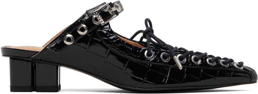 Tenisky a topánky GANNI GANNI Croc-Embossed Patent Leather Eyelets Lace-Up Block-Heel Mules Čierna | S3009