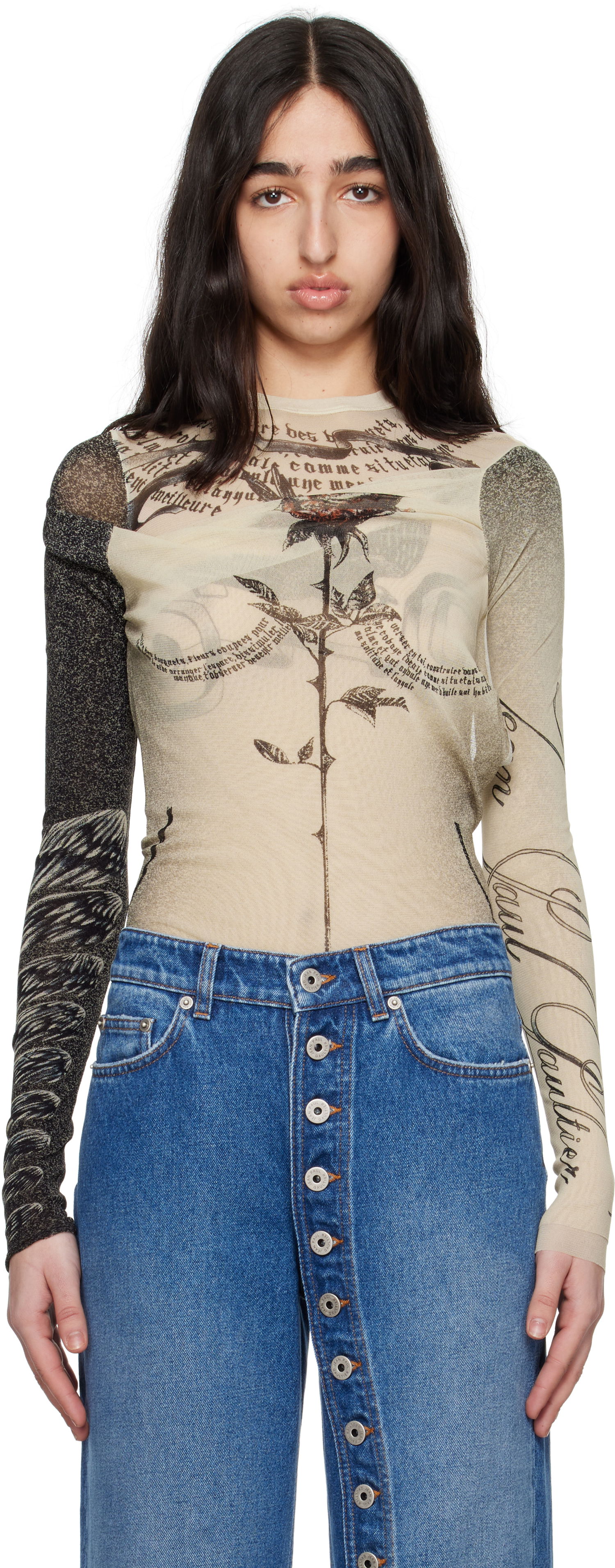 Tričká a tielka Jean Paul Gaultier Jean Paul Gaultier 'The Tattoo Rose and Bird' Printed Mesh Bodysuit Béžová | 25/34-F-BD066-T583-030030, 0