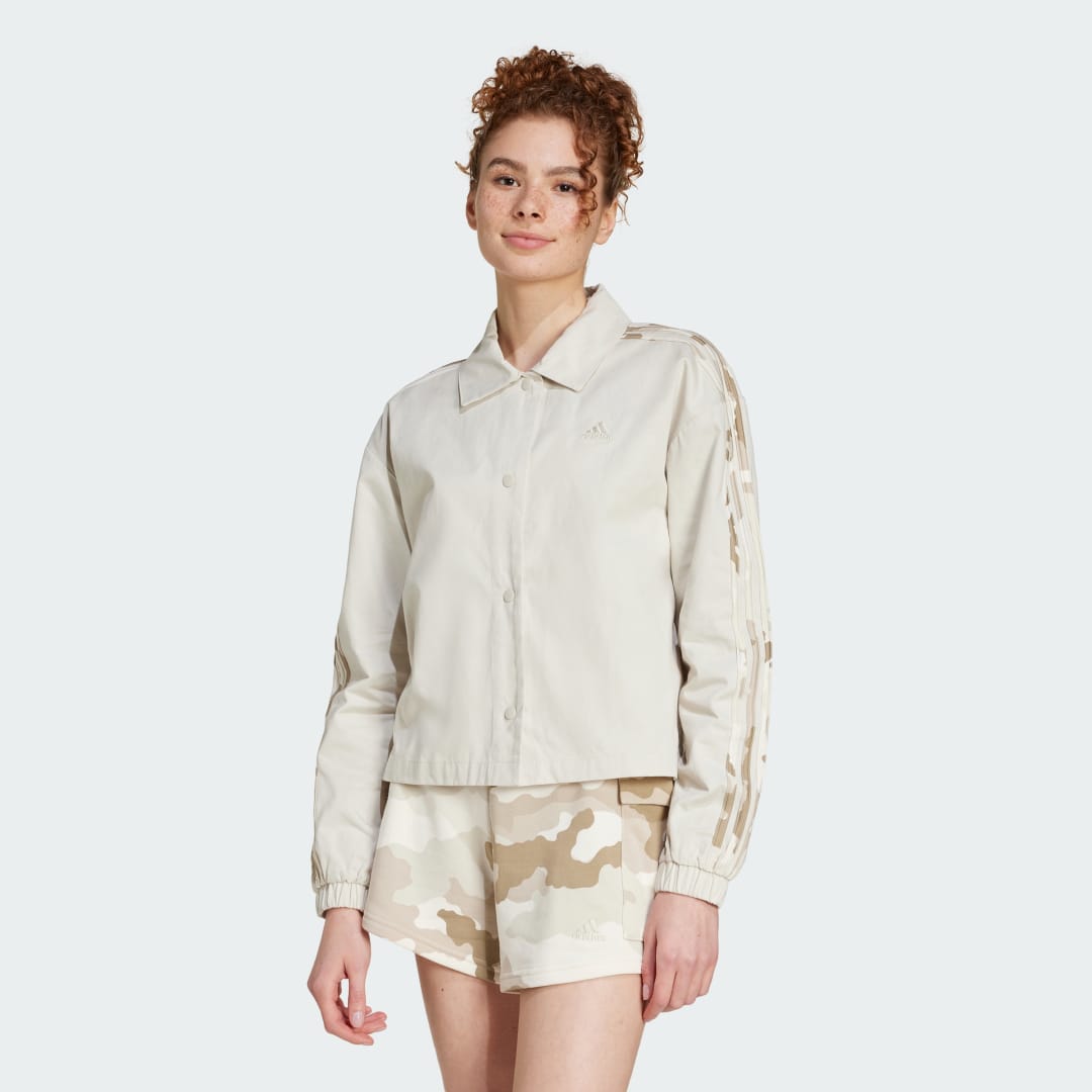 Vetrovka adidas Performance Essentials 3-Stripes Twill Camo Coach Jacket Béžová | IY1690, 0