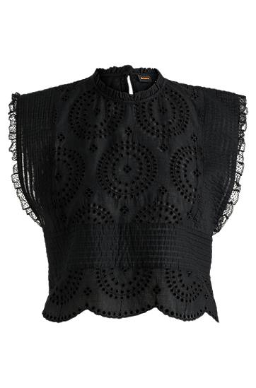 Crop Top BOSS Cotton Broderie Blouse with Pleat Details Čierna | 50538349, 0