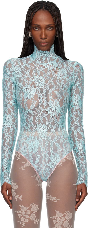 Body Valentino Sheer High-Neck Long-Sleeve Floral Lace Bodysuit Tyrkysová | 7B0MR01Z9TS, 0