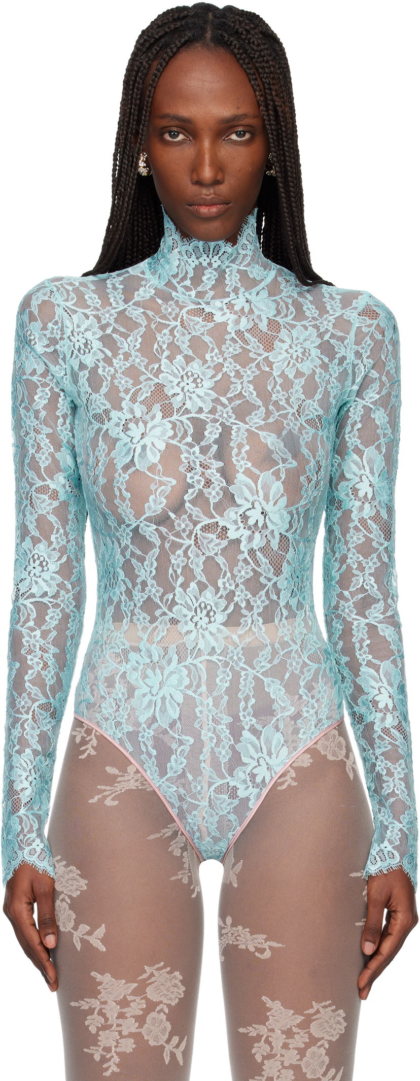Body Valentino Sheer High-Neck Long-Sleeve Floral Lace Bodysuit Tyrkysová | 7B0MR01Z9TS