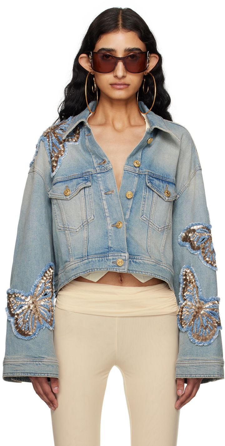 Bunda Blumarine Blumarine Butterfly Appliqué Cropped Denim Jacket Modrá | P444J081A