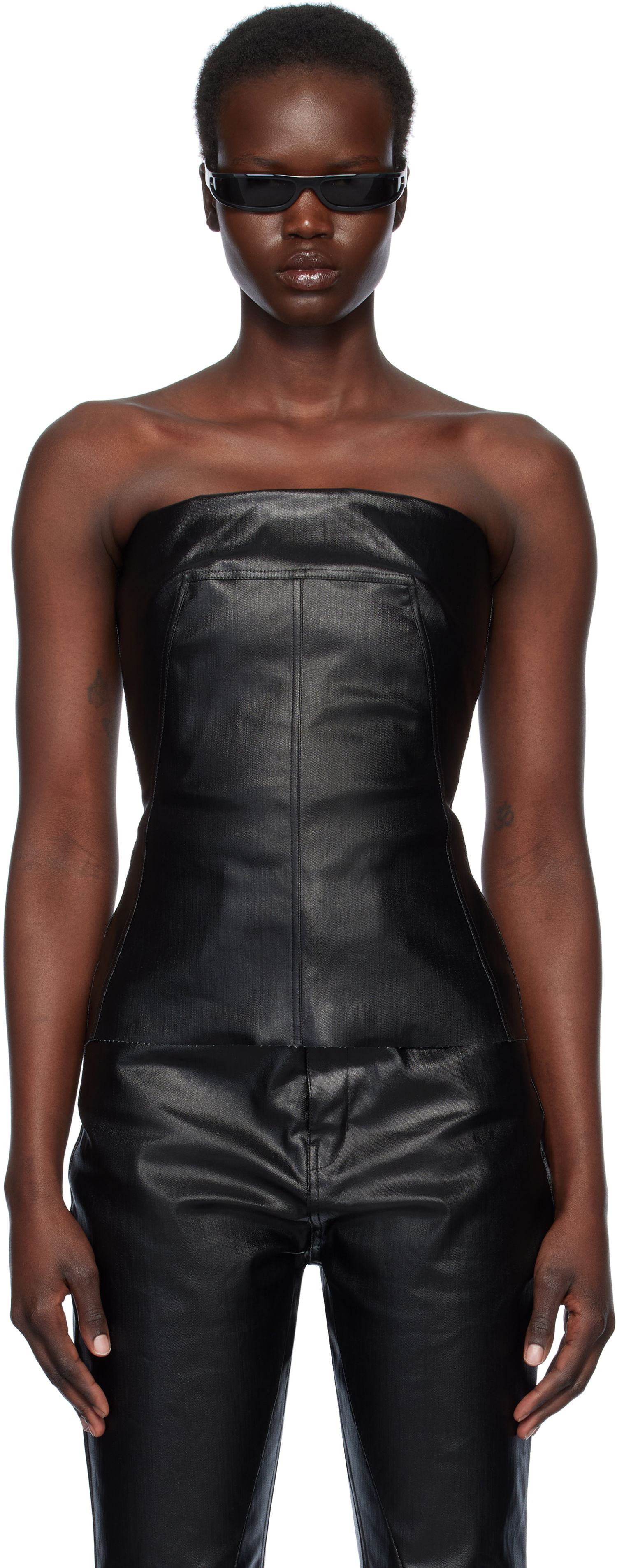 Tielko Rick Owens Rick Owens Hollywood Coated Stretch Denim Bustier Top Čierna | RP01E7127 SCT, 0