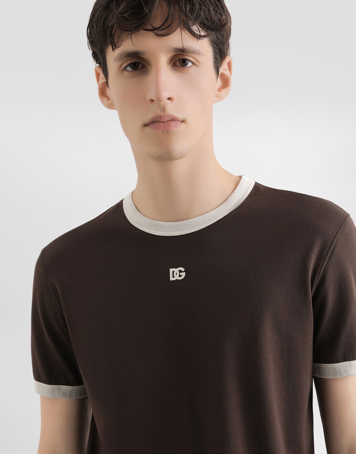 Tričko Dolce & Gabbana Cotton Ringer T-shirt with DG Embroidery Hnedá | G8PV1ZG7PJ4M1213, 1