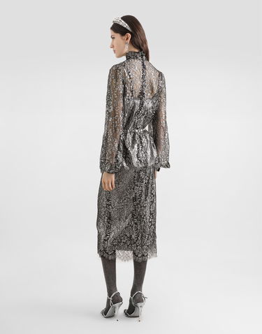 Košeľa Dolce & Gabbana High-neck Long-sleeve Lamé Lace Top with Scalloped Hem, Collection Metalická | F7BD7TILMCFS0998, 2