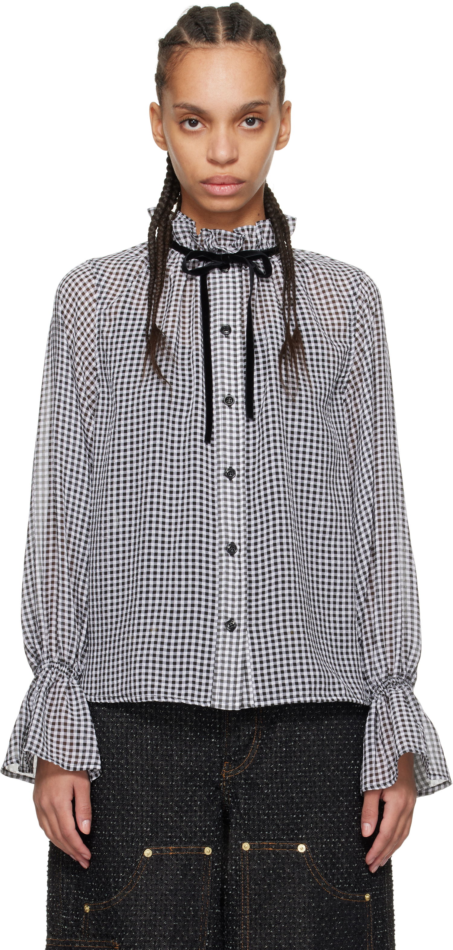 Košeľa GANNI Ganni Sheer Check Tie-Neck Blouse Biela | W0155, 0