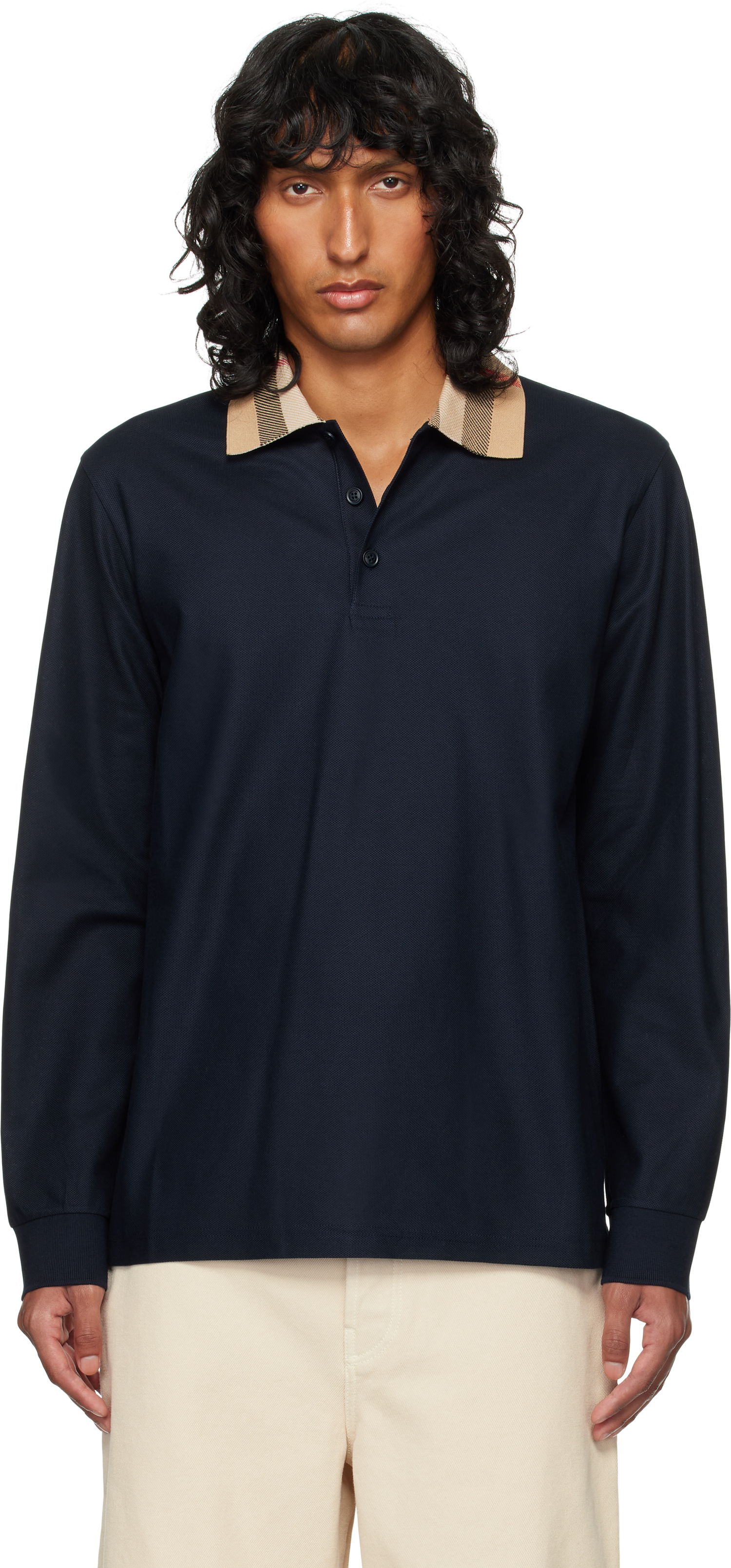 Polo tričko Burberry Burberry Check Collar Long Sleeve Polo Navy | 8098813, 0