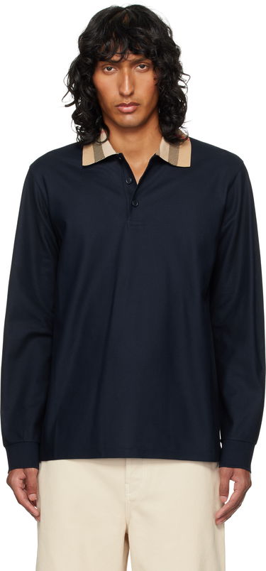 Polo tričko Burberry Burberry Check Collar Long Sleeve Polo Navy | 8098813, 0