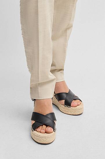 Doplnky BOSS Leather Strap Wedge Espadrilles Čierna | 50546334, 1