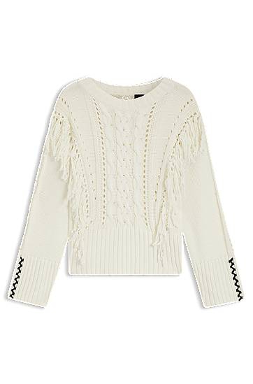 Sveter BOSS Cable Knit Sweater with Fringe Biela | 50543949