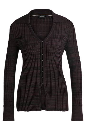 Sveter BOSS BOSS Ribbed Stretch Fabric V-Neck Cardigan with Collar Čierna | 50518366