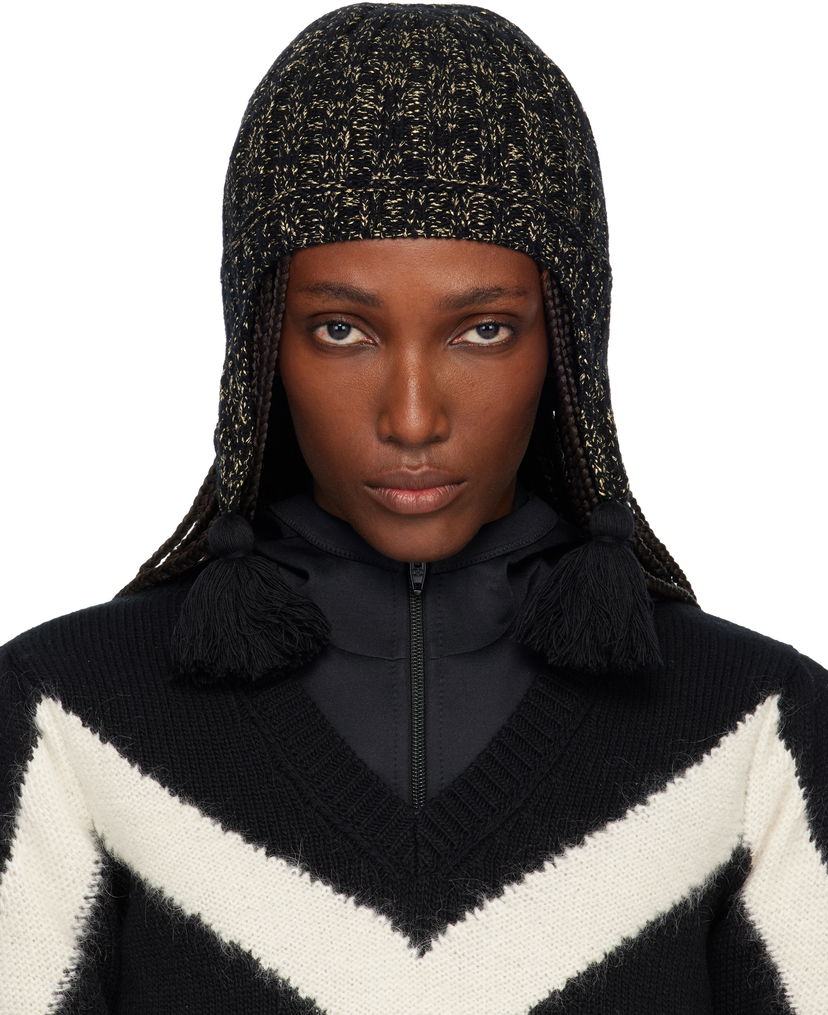 Kulicha Valentino Valentino Garavani Metallic Knit Beanie with Ear Flaps and Tassels Čierna | 7W2HB02FKAW