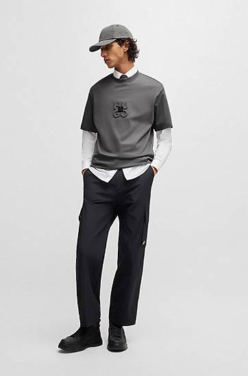 Tričko BOSS HUGO Men's Interlock Cotton T-Shirt with Stacked Logos Šedá | 50535499, 1