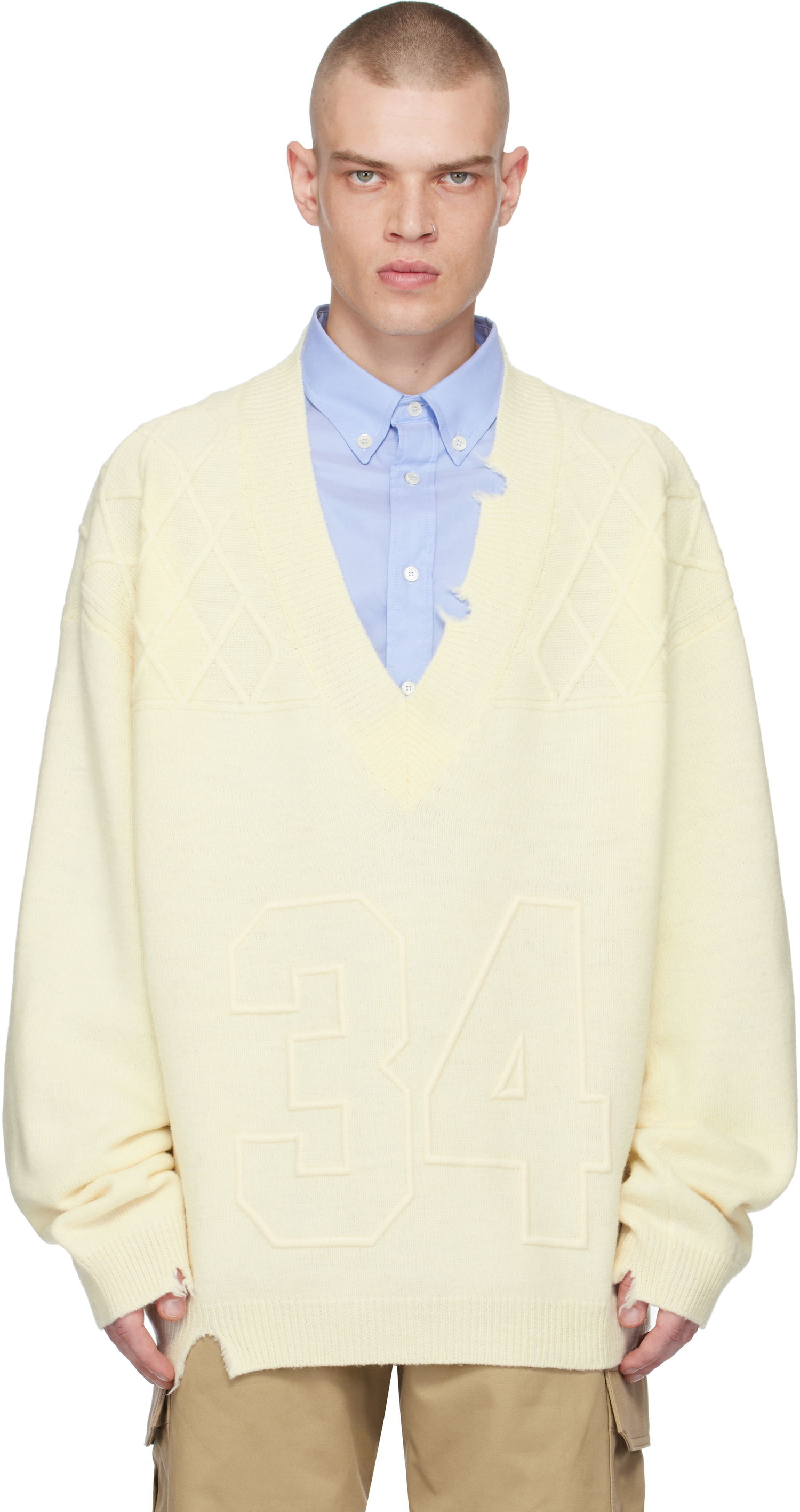 Sveter Ambush Destroyed Rib Knit V-Neck Sweater Žltá | BMHD004F24KNI0013100, 0