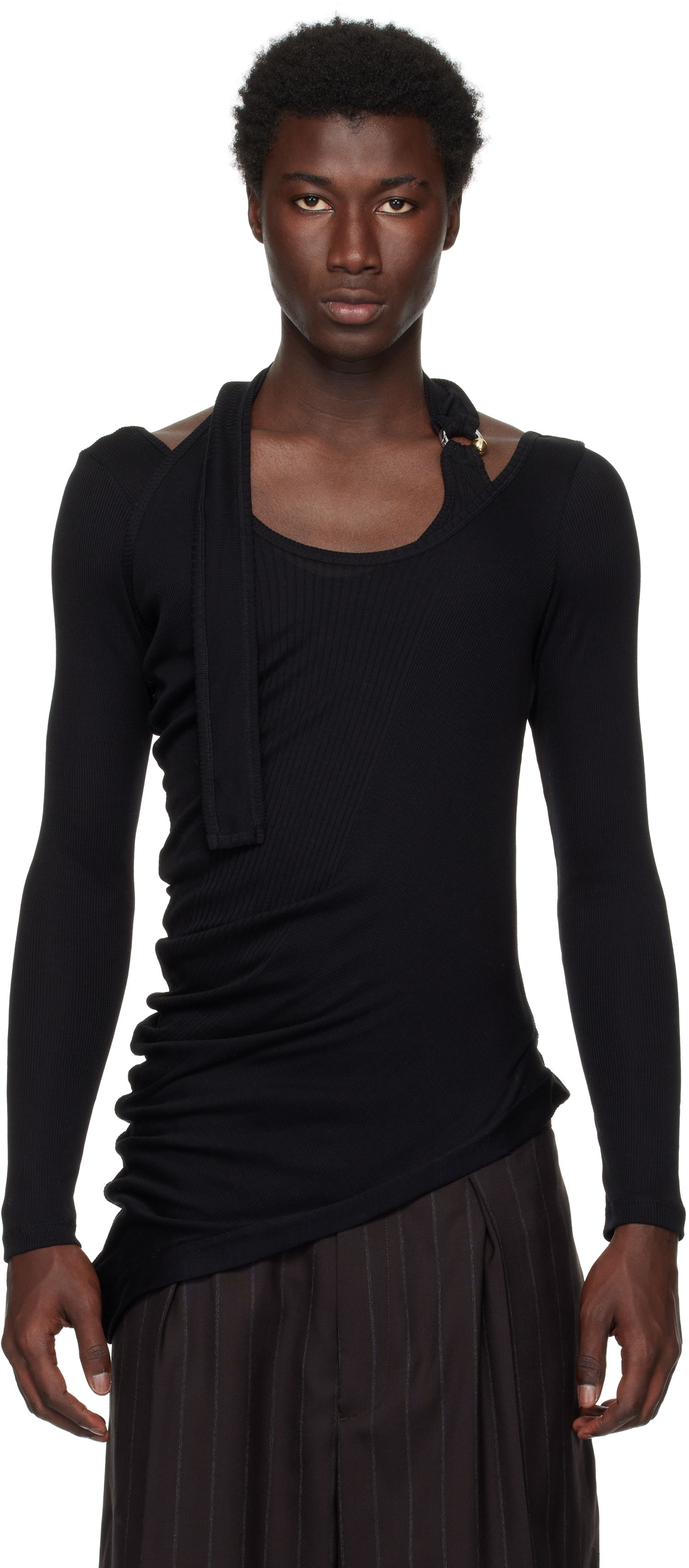 Tričko Jean Paul Gaultier Jean Paul Gaultier Ribbed Twisted Double Layer Piercing T-Shirt Čierna | 25/03-W-TO287-J000-00, 0