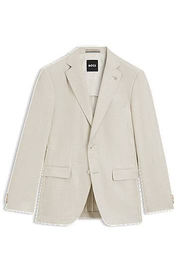 Bunda BOSS BOSS Slim-Fit Checked Wool-Silk-Linen Blazer Béžová | 50545883