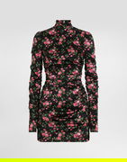 Small Rose Bouquets-print Long Sleeve High-neck Ruched Satin Dress