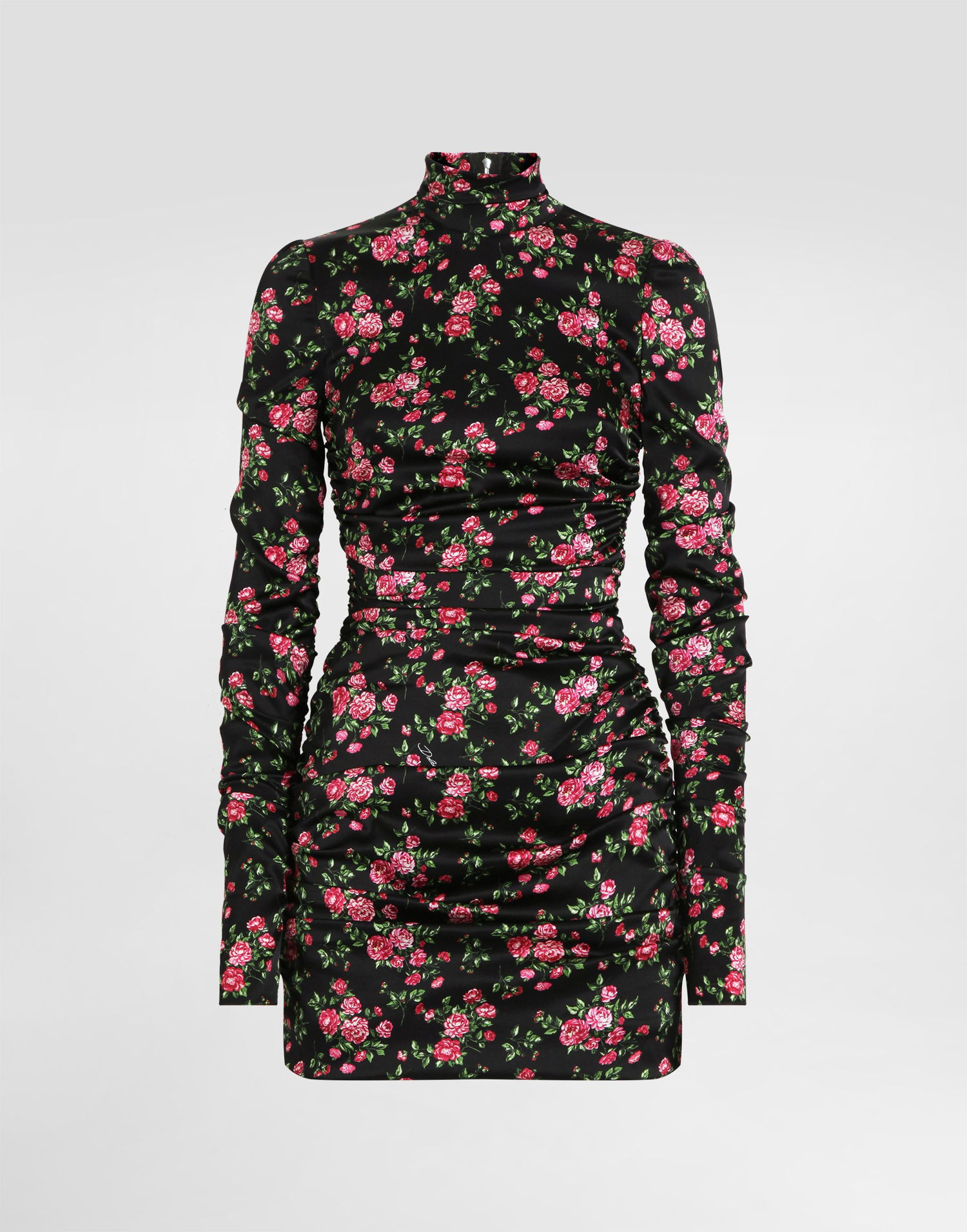 Šaty Dolce & Gabbana Small Rose Bouquets-print Long Sleeve High-neck Ruched Satin Dress Rôznofarebný | F60G2TFSA8GHN5XP, 0