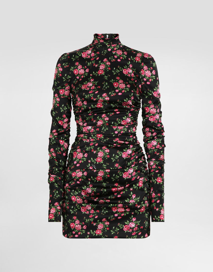 Šaty Dolce & Gabbana Small Rose Bouquets-print Long Sleeve High-neck Ruched Satin Dress Rôznofarebný | F60G2TFSA8GHN5XP