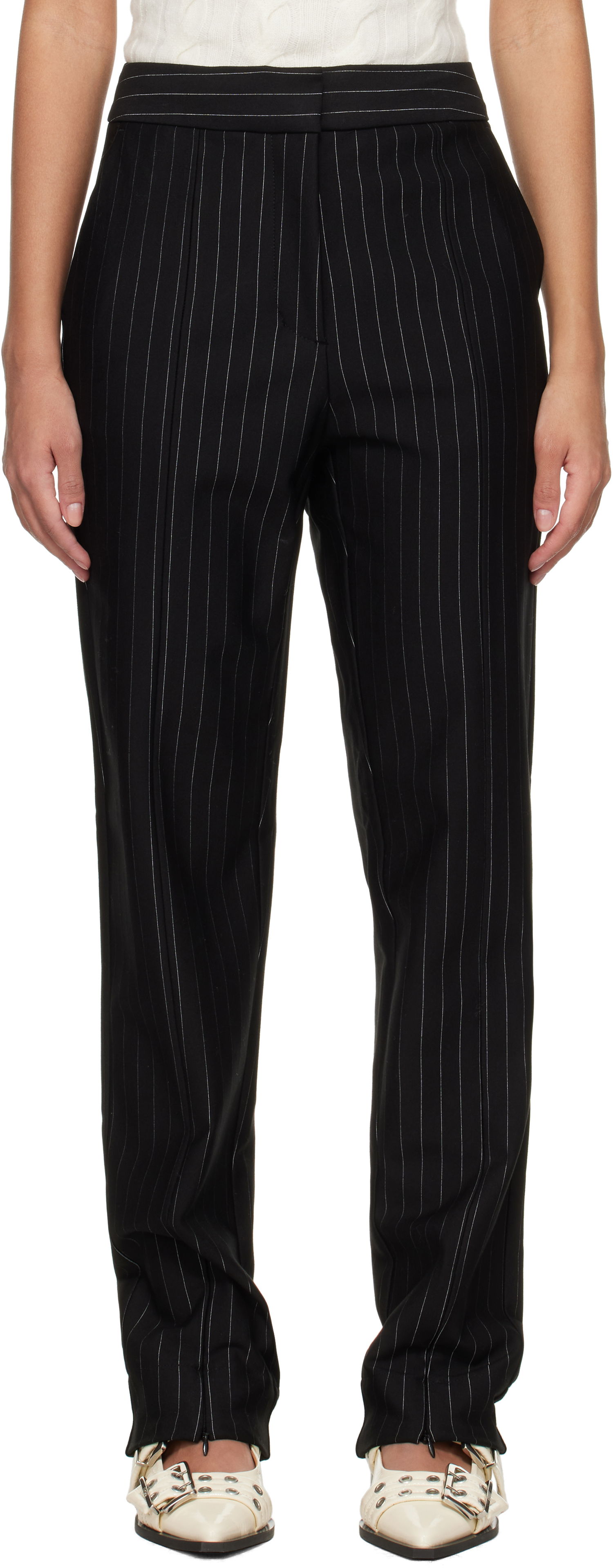 Nohavice GANNI GANNI Mid Waist Pinstripe Trousers Čierna | T4100, 0