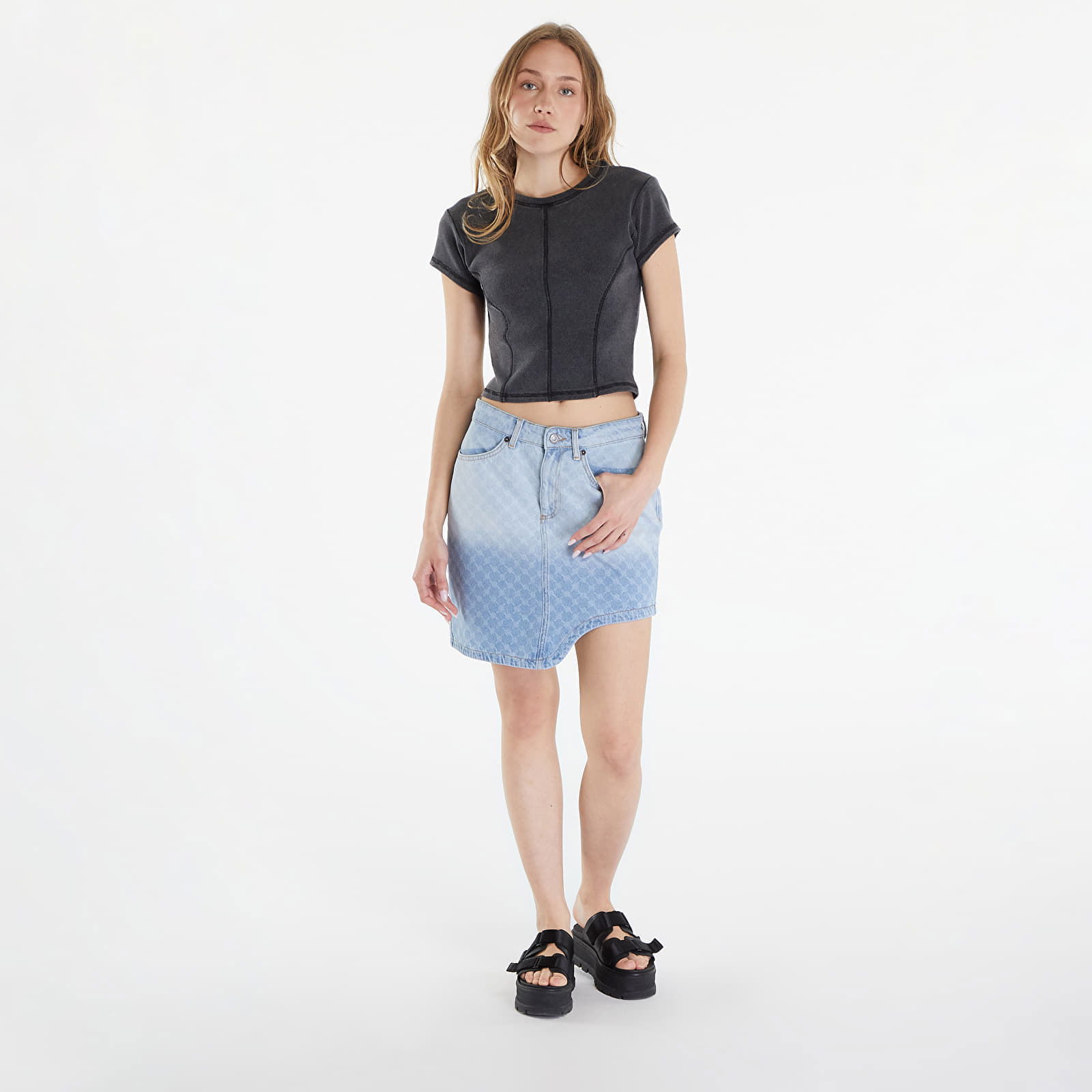 Zella Monogram Denim Skirt Mid Blue