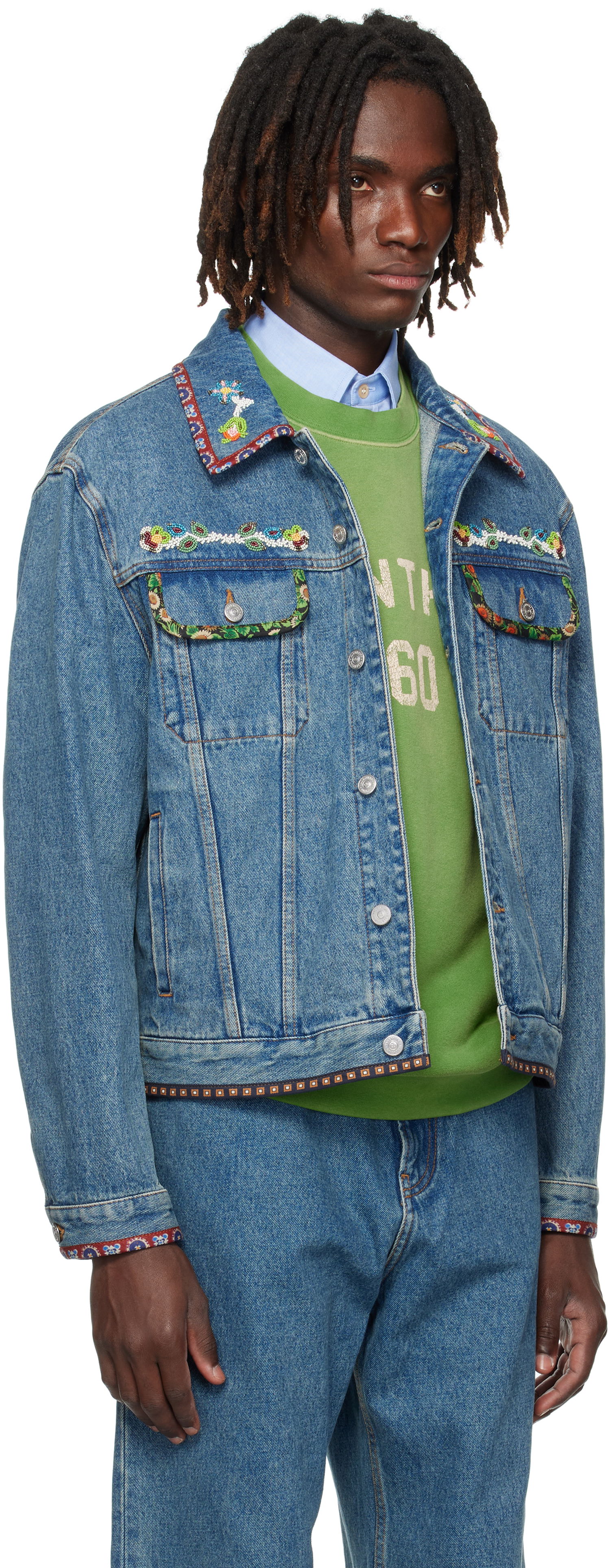 Bunda Valentino Valentino Beaded Embroidery & Printed Edges Denim Jacket Modrá | 7V3DC04QB0W, 1