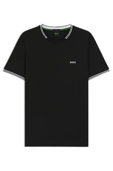 Tričko BOSS Stretch-Cotton T-Shirt with Stripes and BOSS Logo Čierna | 50521245, 0