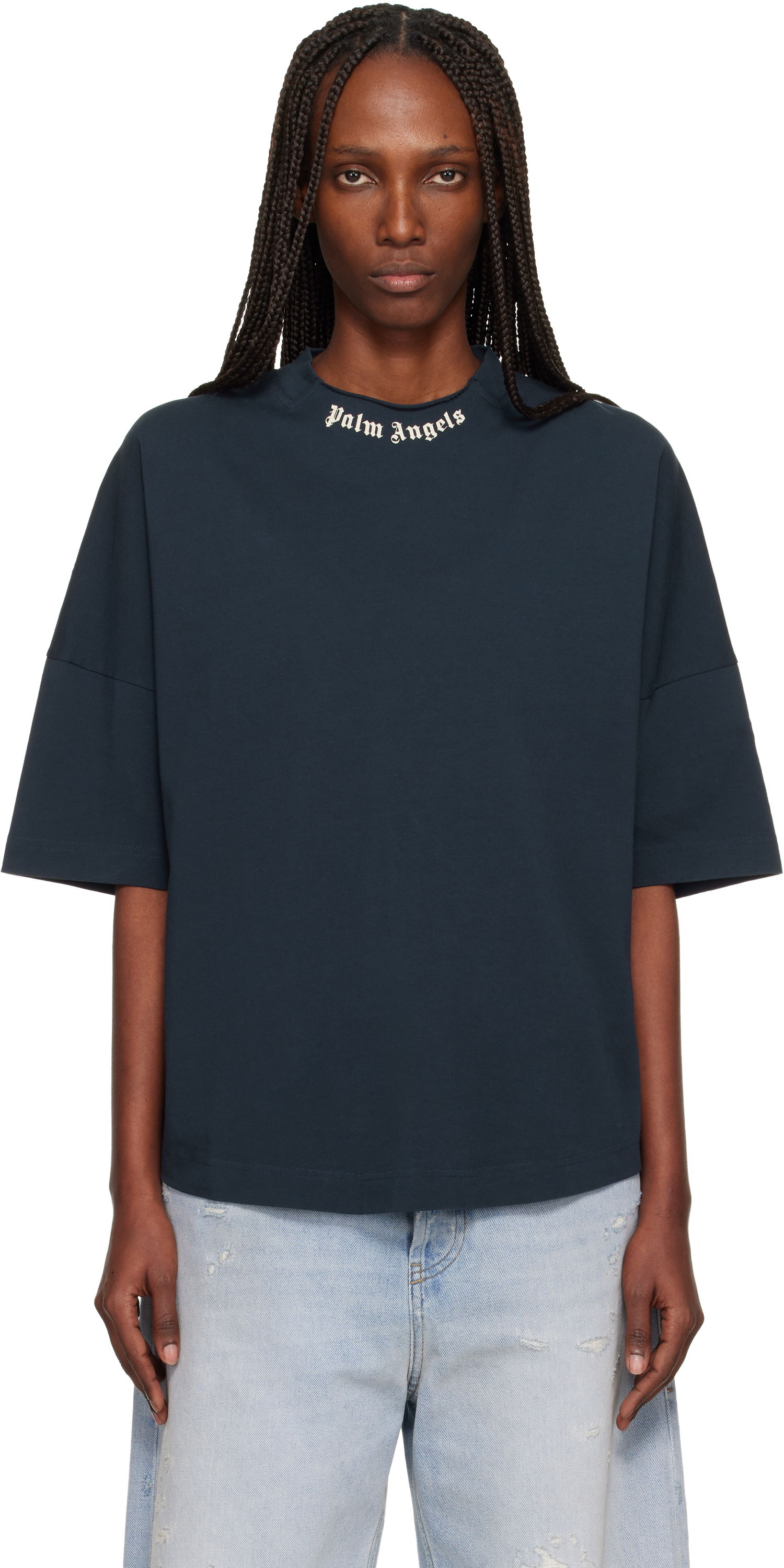 Tričko Palm Angels Curved Logo Collar Oversized T-shirt Navy | PWAA07DF25JER0014903, 0