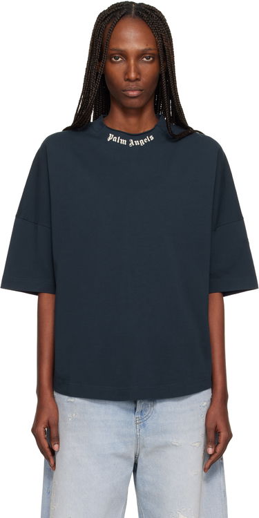 Tričko Palm Angels Curved Logo Collar Oversized T-shirt Navy | PWAA07DF25JER0014903, 0