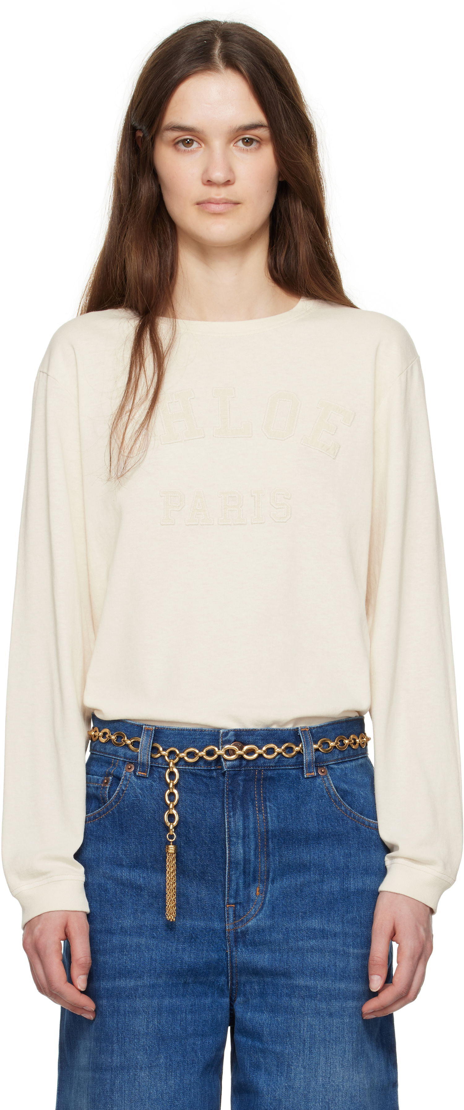 Tričko CHLOÉ Chloé Oversized Logo Long Sleeve T-Shirt Béžová | CH25SJH07183, 0