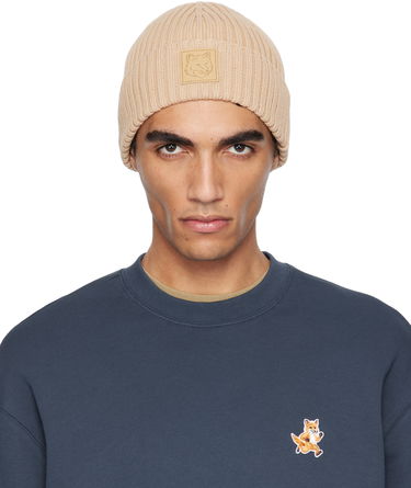 Kulicha MAISON KITSUNÉ Maison Kitsuné Fox Head Leather Patch Beanie Béžová | OW06110KT1140, 0