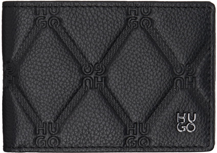 Hugo Black Leather All-Over Stacked Logos Wallet