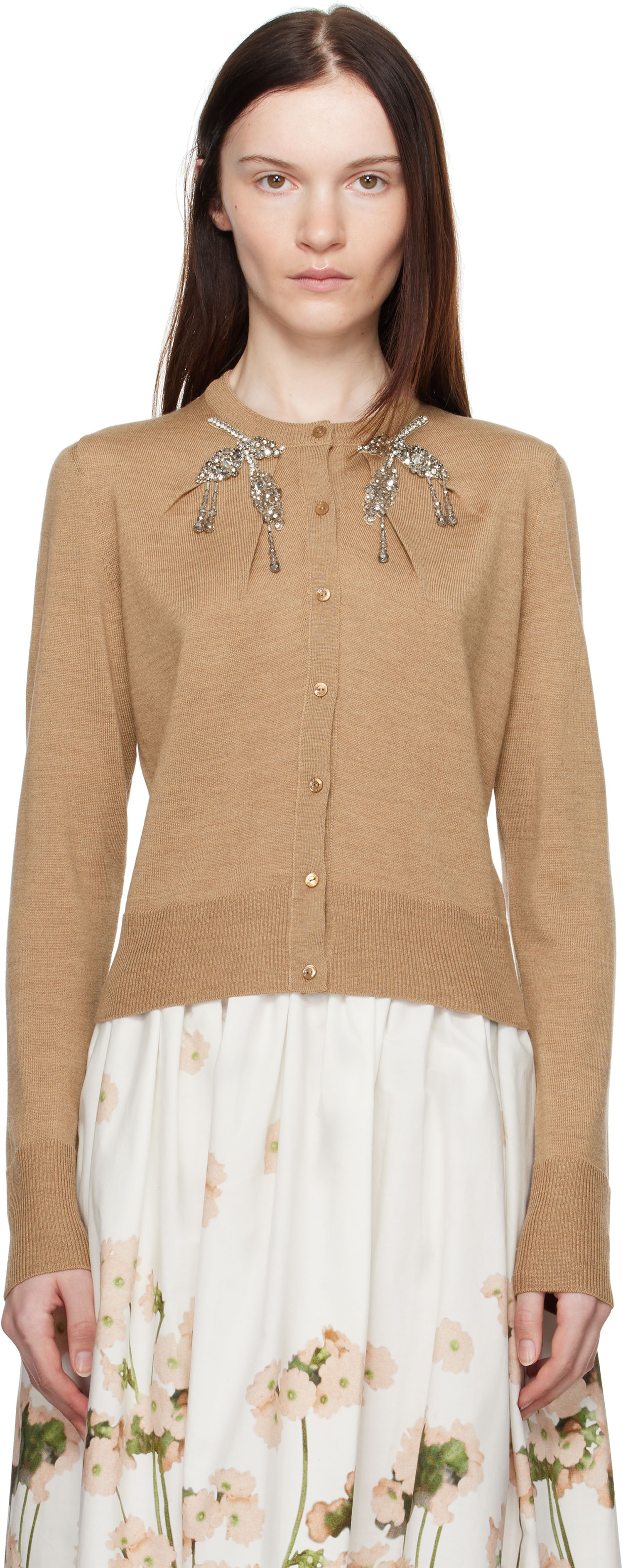 Sveter Erdem Erdem Cropped Embellished Cardigan Hnedá | PS25_KT9_CADWK, 0
