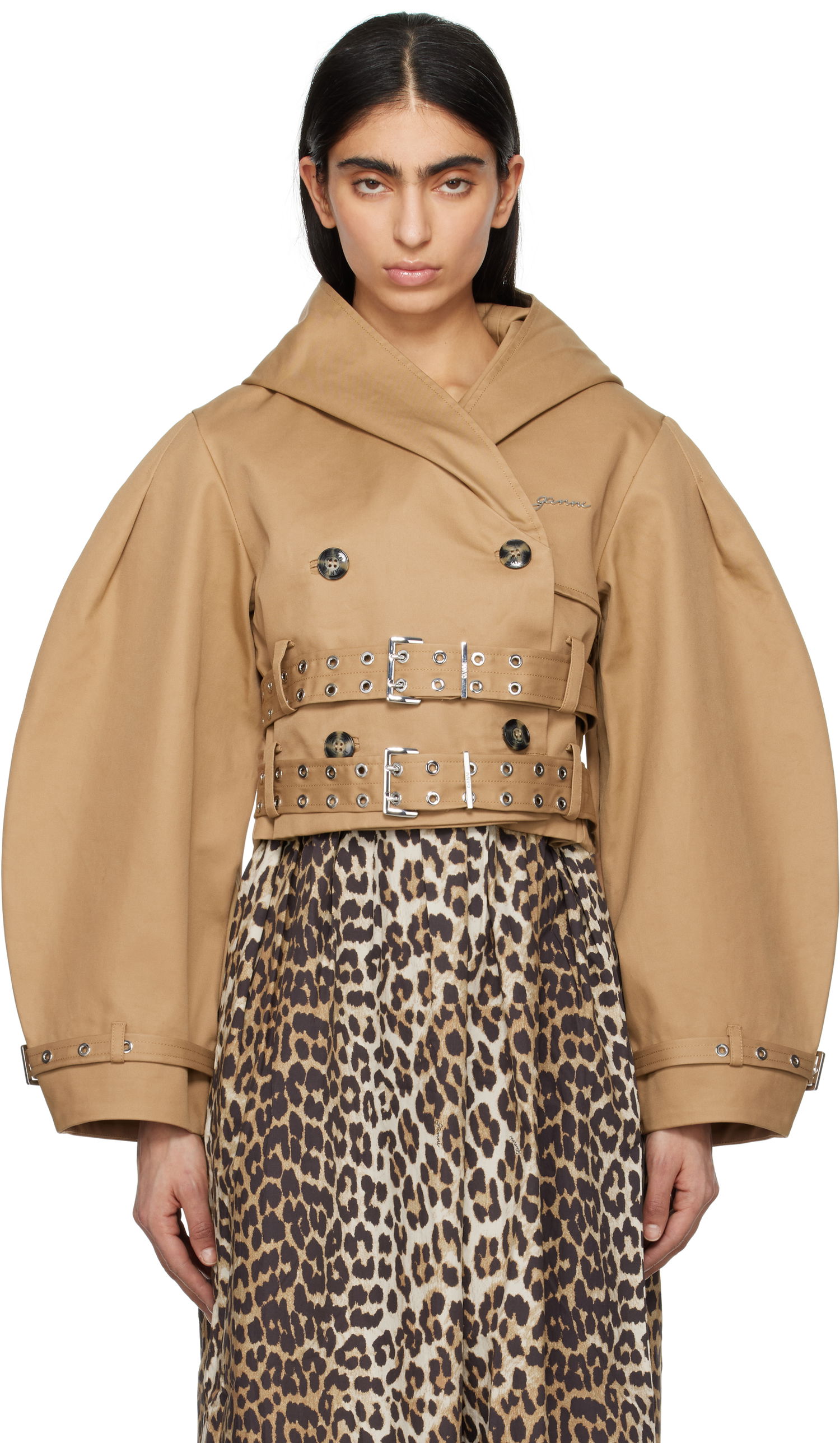 Trenčkot GANNI Ganni Bonded Cotton Short Trench Jacket Hnedá | W0220, 0