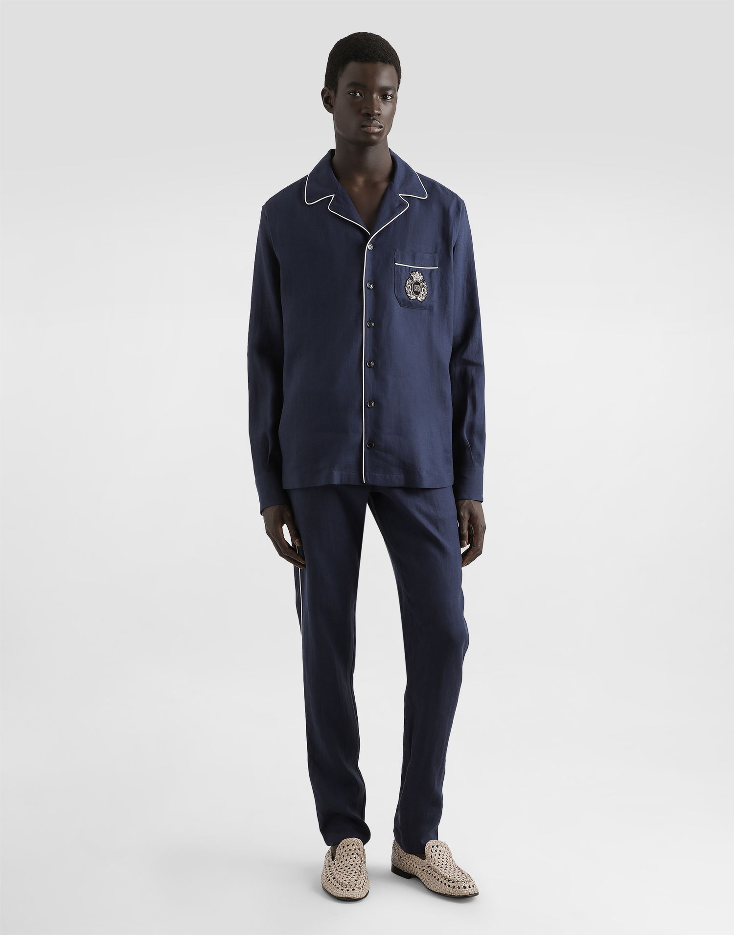 Košeľa Dolce & Gabbana Dolce & Gabbana Linen Vanity Shirt with Heraldic Emblem Navy | G5IF1ZFU4LGB0665, 1