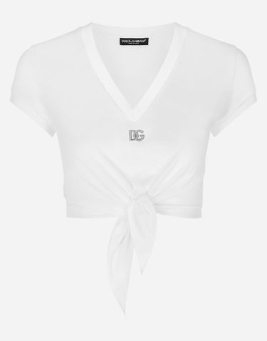 Crop Top Dolce & Gabbana Jersey T-shirt With Dg Logo And Knot Detail Biela | F8U06TFU7EQW0800, 0